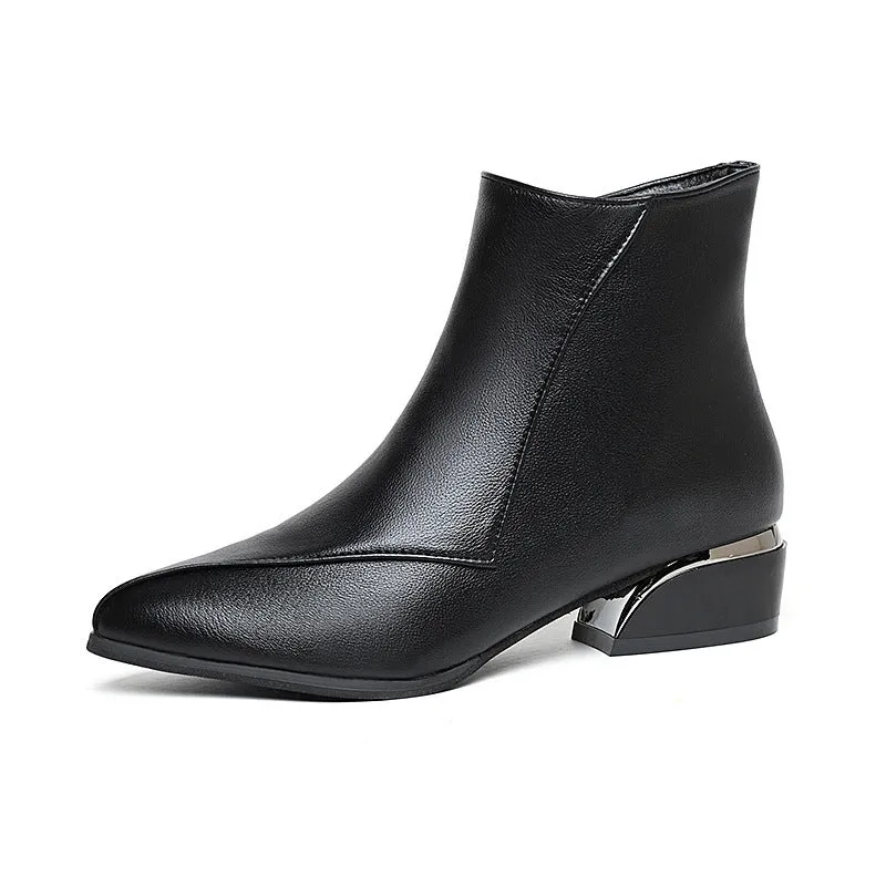 Women's chunky heel Martin boots in black with side zipper and leather stitching, mid heel 3-5CM, rubber sole