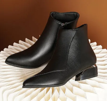 Women's chunky heel Martin boots in black with side zipper and leather stitching, mid heel 3-5CM, rubber sole