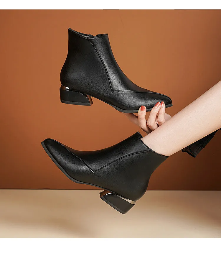Women's chunky heel Martin boots in black with side zipper and leather stitching, mid heel 3-5CM, rubber sole