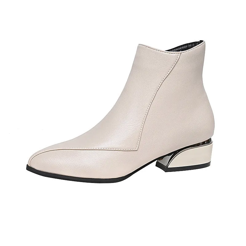 Women's chunky heel Martin boots in black with side zipper and leather stitching, mid heel 3-5CM, rubber sole