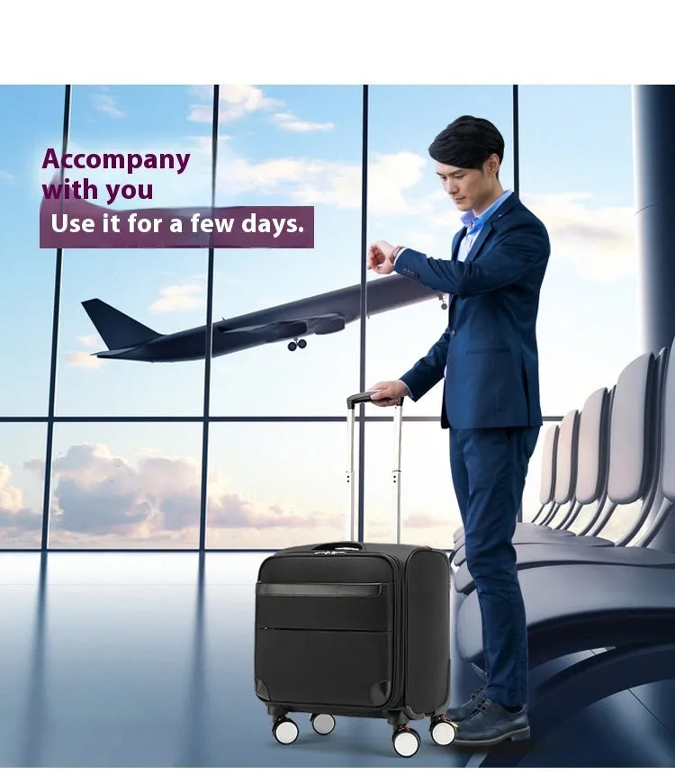 Black 18 inch Oxford cloth carry-on suitcase with retractable draw bar and universal wheels.