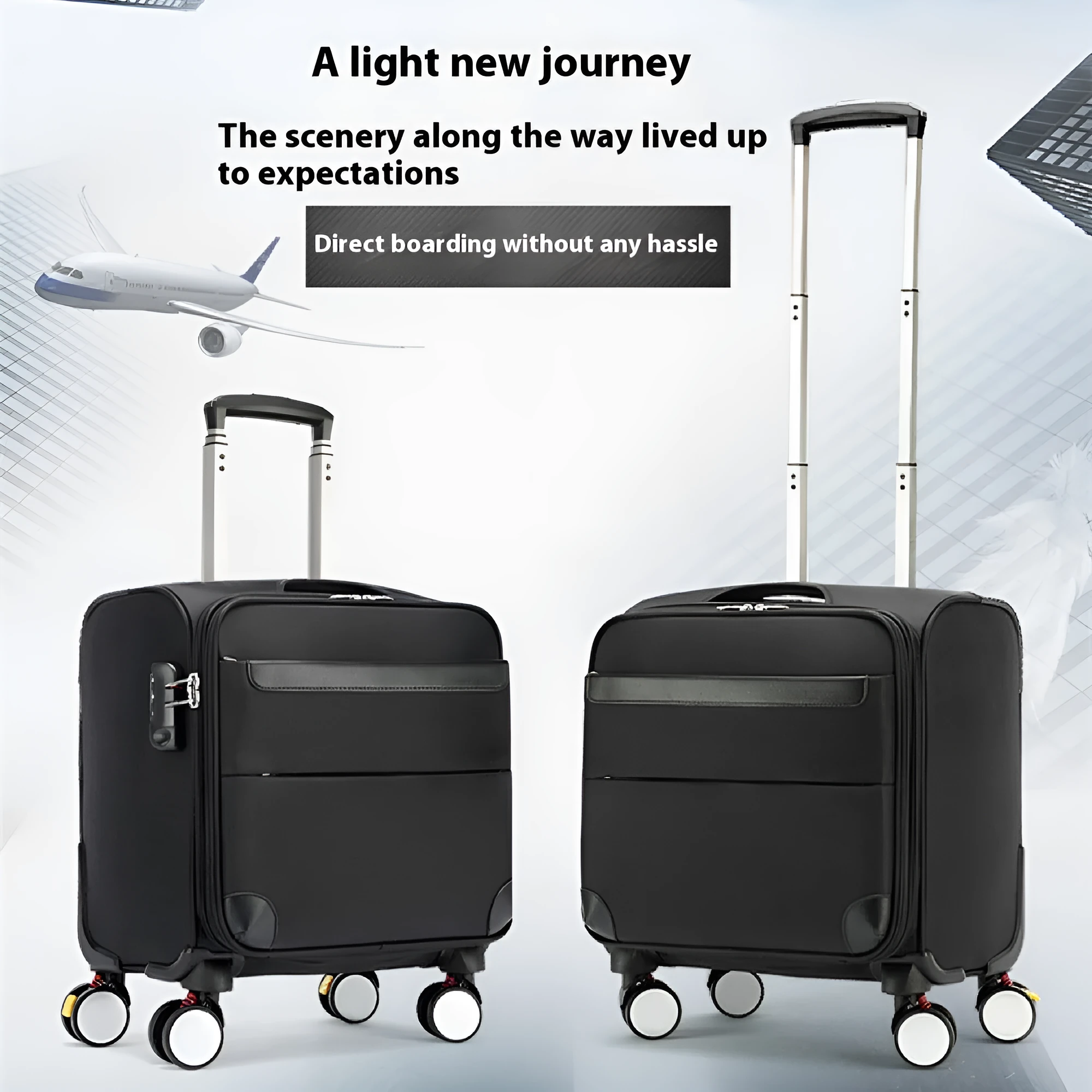 Black 18 inch Oxford cloth carry-on suitcase with retractable draw bar and universal wheels.