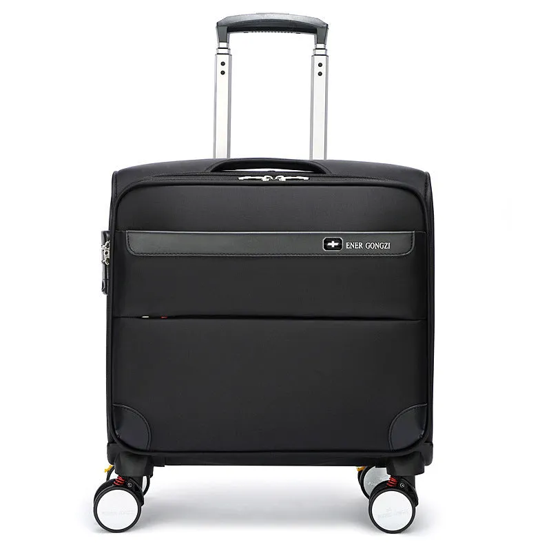 Black 18 inch Oxford cloth carry-on suitcase with retractable draw bar and universal wheels.