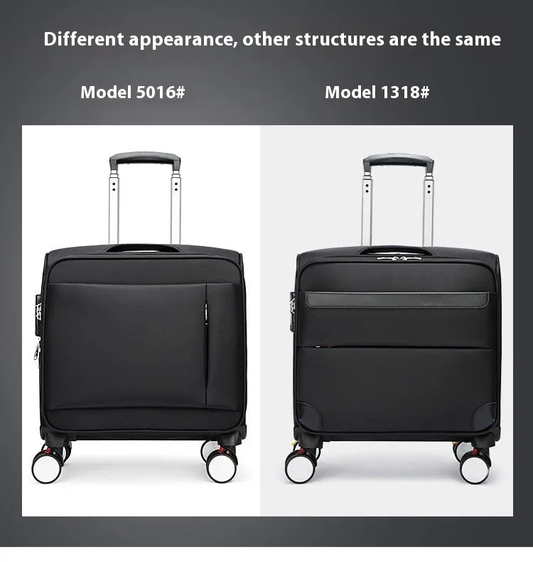 Black 18 inch Oxford cloth carry-on suitcase with retractable draw bar and universal wheels.