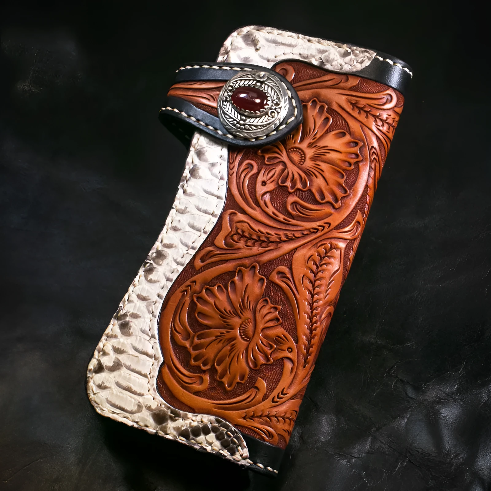 Men's long cow leather wallet with plant flower pattern and buckle closure in brown