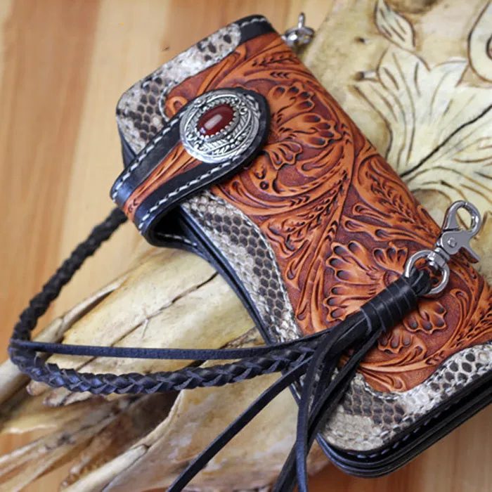 Men's long cow leather wallet with plant flower pattern and buckle closure in brown