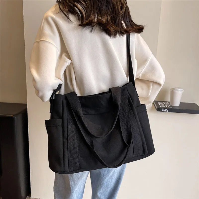 Large solid colour polyester canvas shoulder tote bag for women with outer pocket