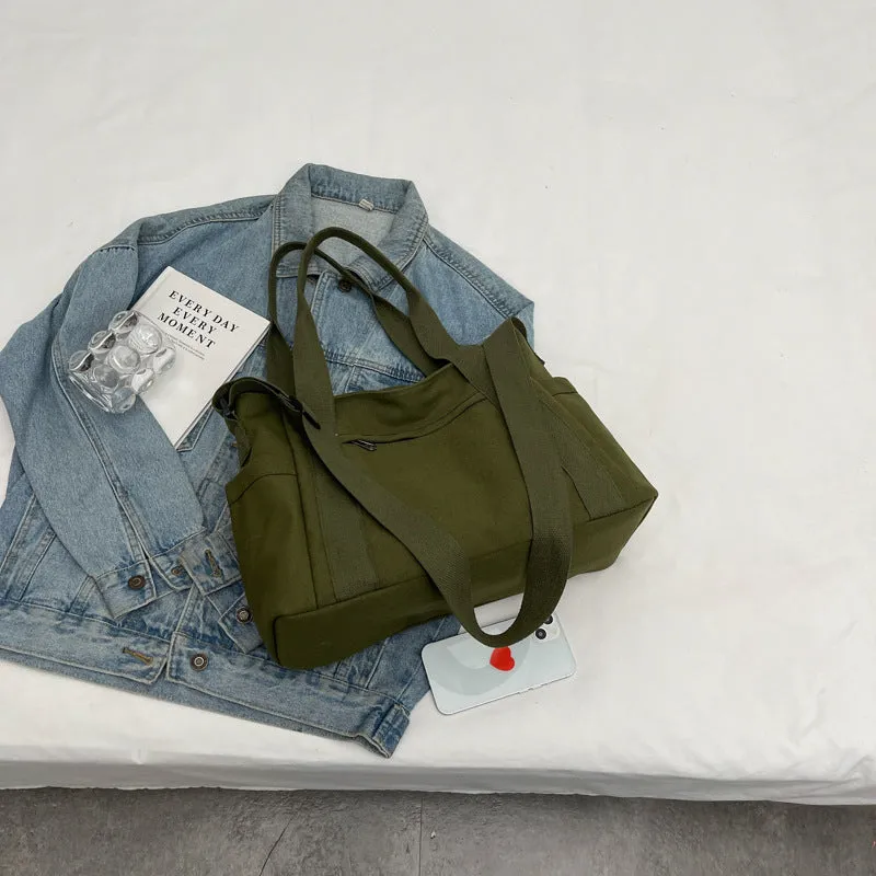 Large solid colour polyester canvas shoulder tote bag for women with outer pocket