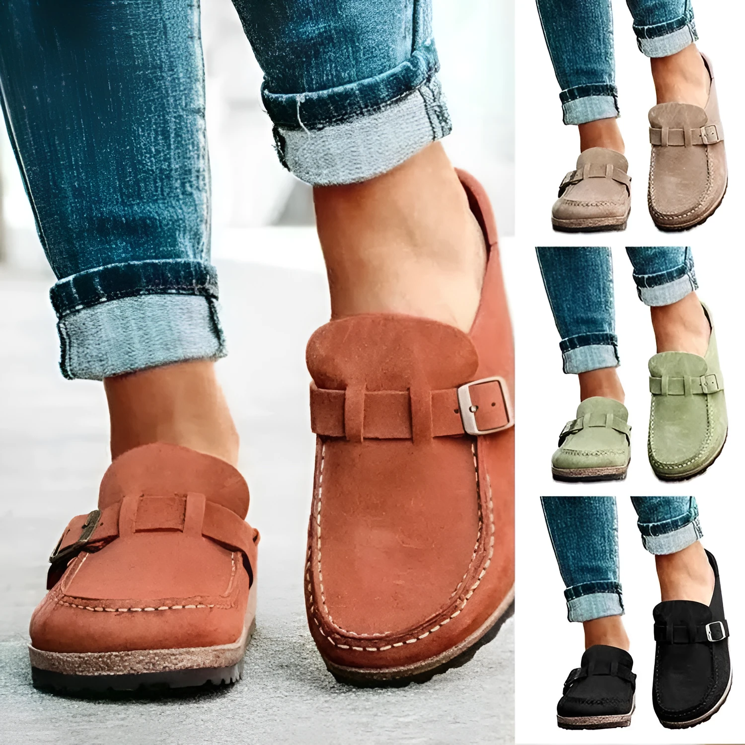 Frosted suede one-pedal flat slippers with belt buckle in green colour, foam sole