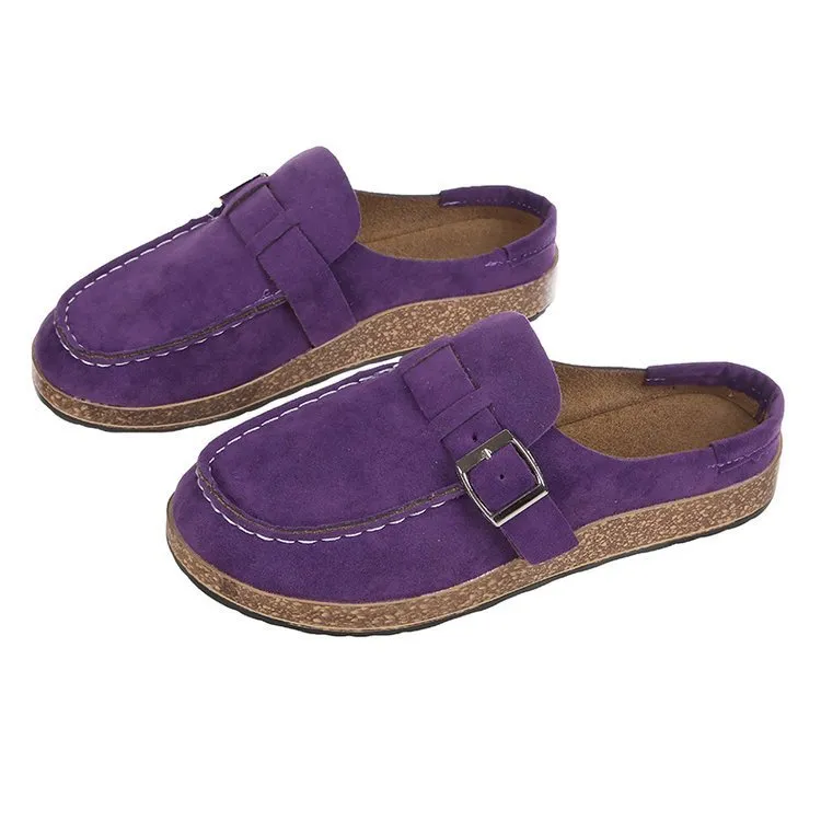 Frosted suede one-pedal flat slippers with belt buckle in green colour, foam sole