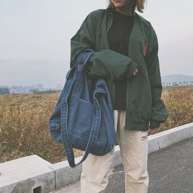 Canvas denim shipping bag large capacity tote bag women's shoulder bag with polyester lining Dark Blue
