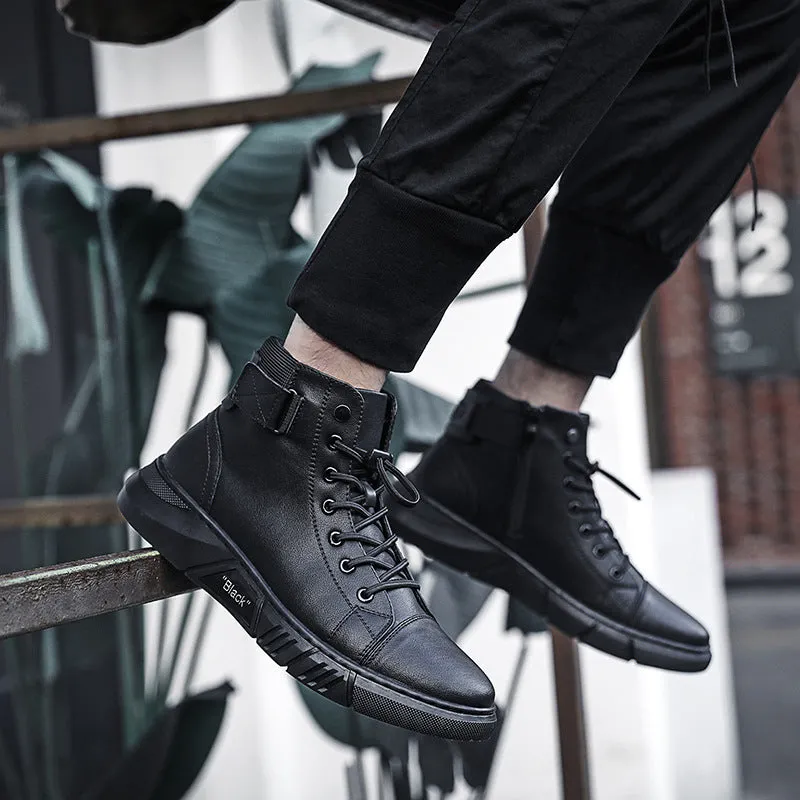 Black high-top men's leather boots with cotton lining and rubber sole on wooden floor