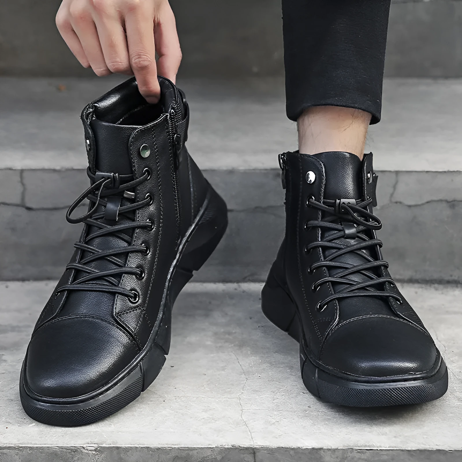 Black high-top men's leather boots with cotton lining and rubber sole on wooden floor