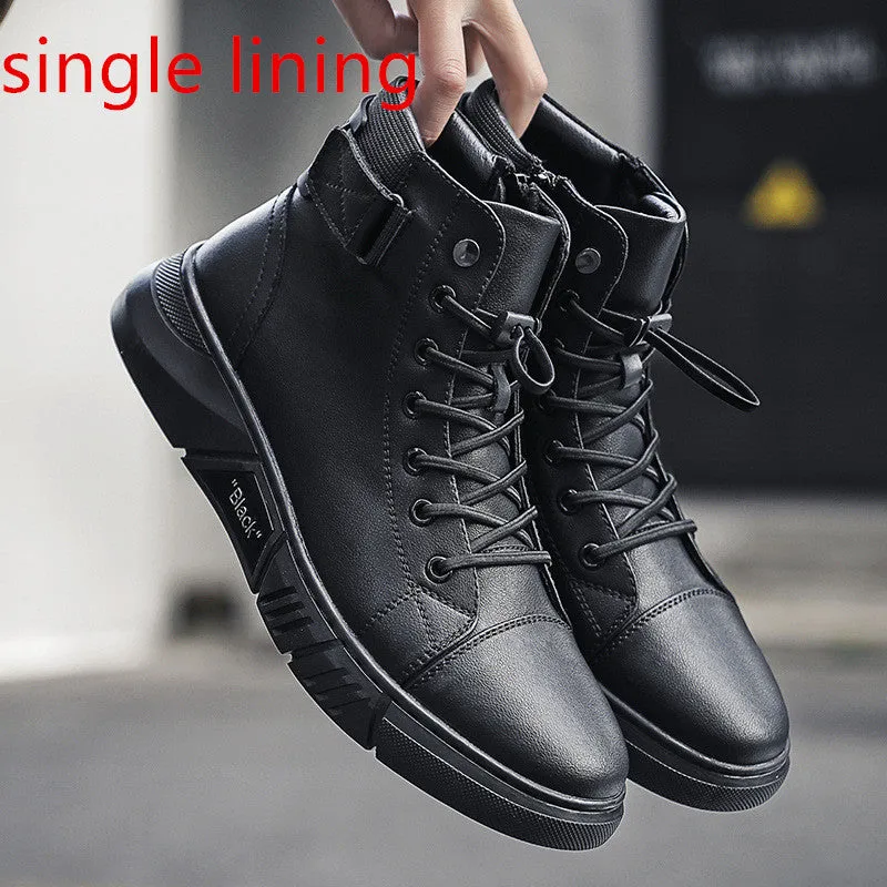 Black high-top men's leather boots with cotton lining and rubber sole on wooden floor