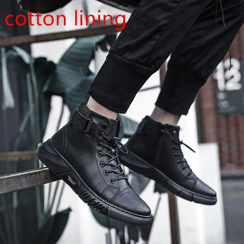 Black high-top men's leather boots with cotton lining and rubber sole on wooden floor