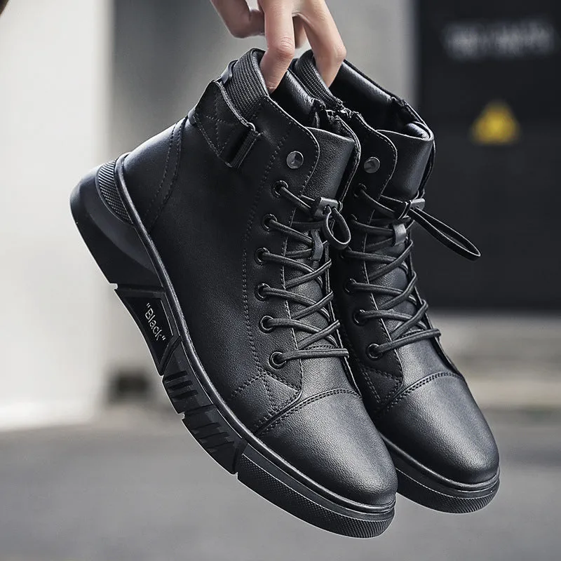 Black high-top men's leather boots with cotton lining and rubber sole on wooden floor