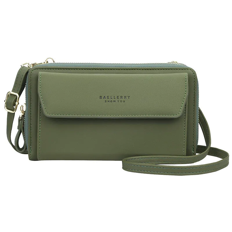 Red soft PU leather women's cross-body messenger bag with double zipper, shown as a large capacity long wallet.