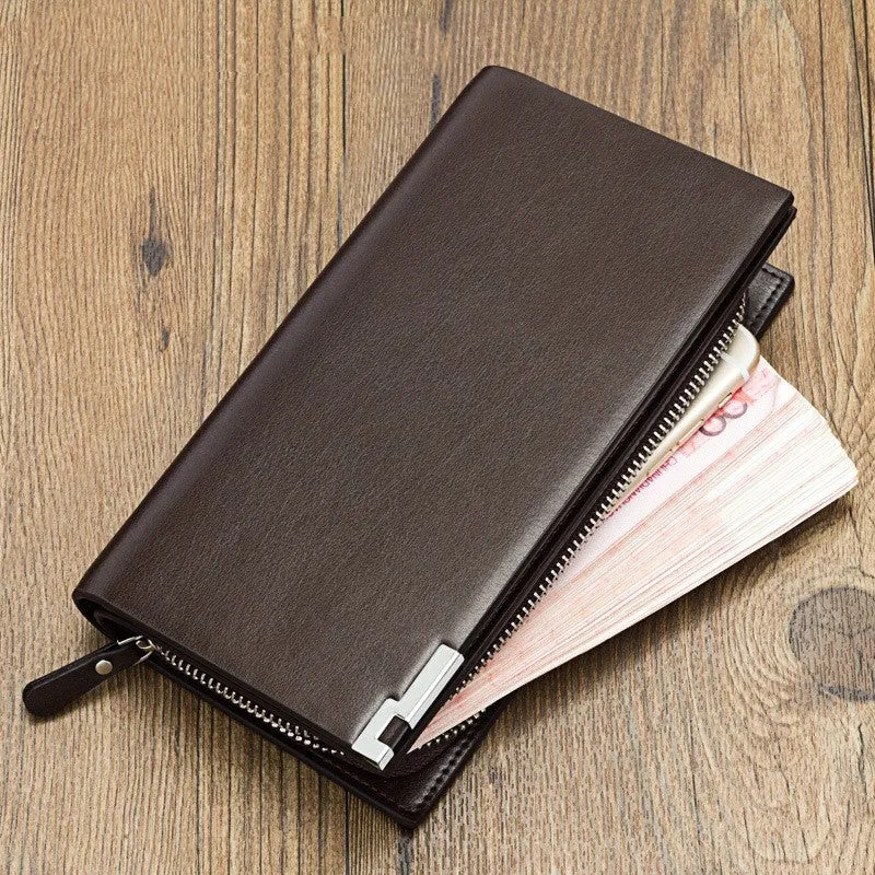 Men's long black PU leather zipper wallet open to show multiple card compartments.