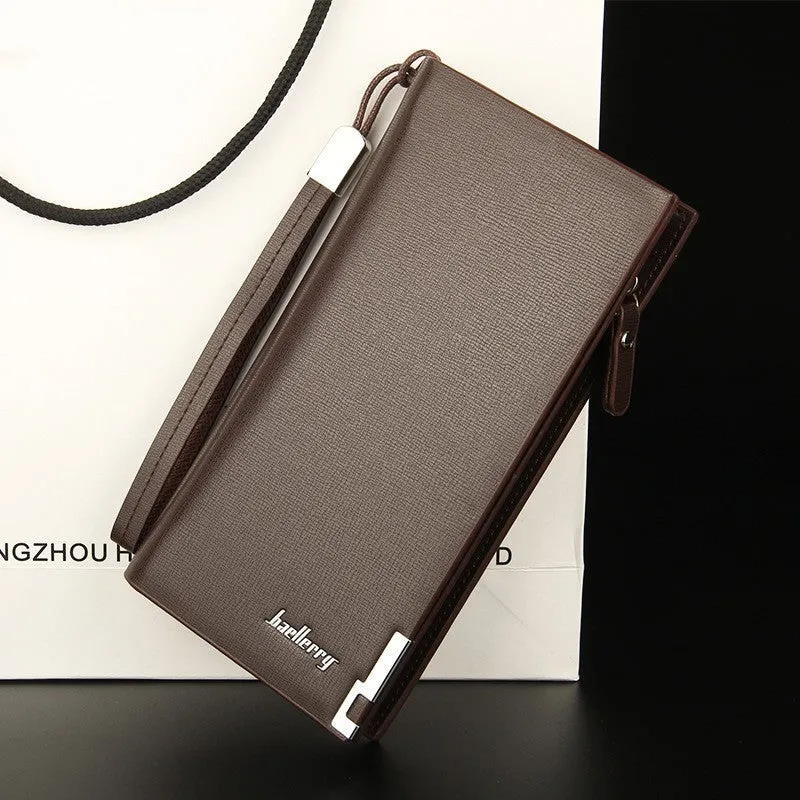 Men's long black PU leather zipper wallet open to show multiple card compartments.