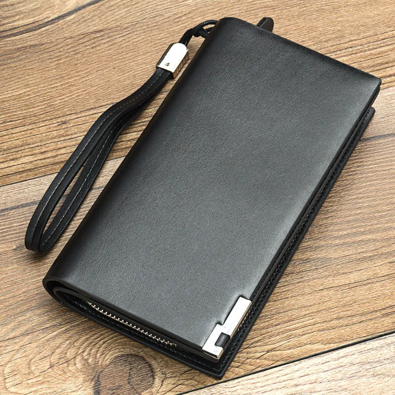 Men's long black PU leather zipper wallet open to show multiple card compartments.