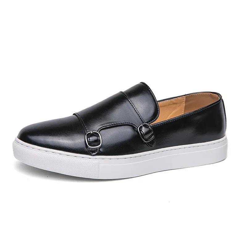 Men's business casual sneakers round toe low top artificial PU upper rubber sole black brown sides 38-46