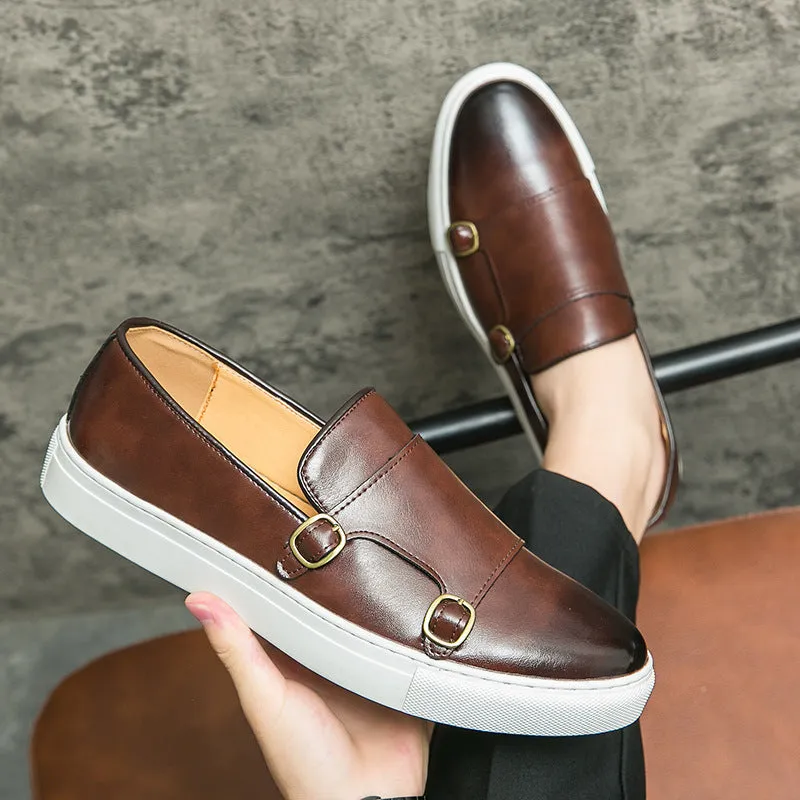 Men's business casual sneakers round toe low top artificial PU upper rubber sole black brown sides 38-46