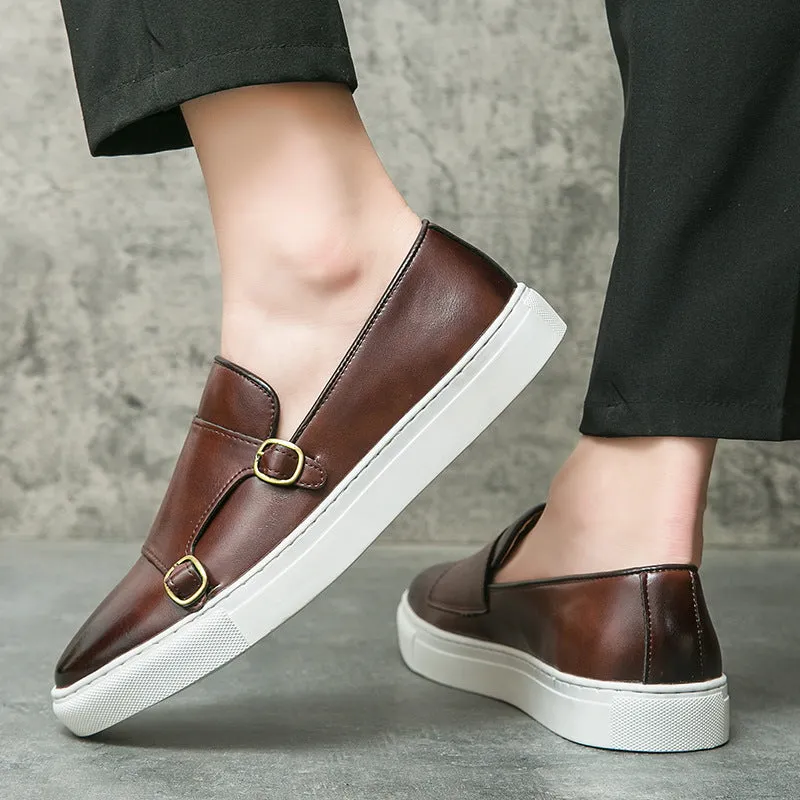 Men's business casual sneakers round toe low top artificial PU upper rubber sole black brown sides 38-46