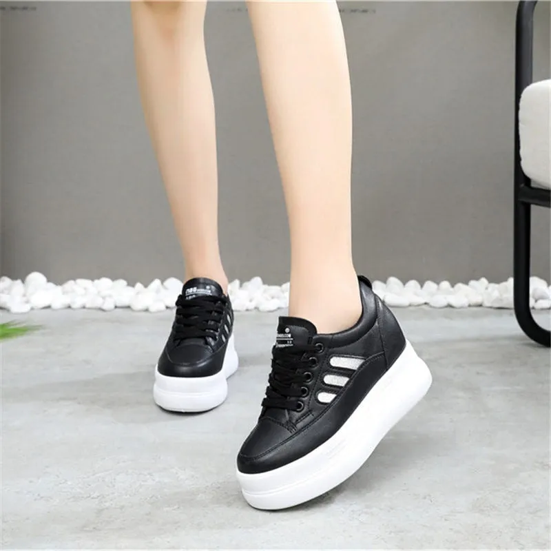 Women's wedge platform height increasing shoes with PU upper, round toe, 6-8cm heel, available in white, black and pink
