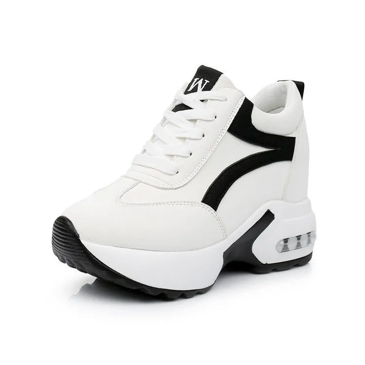 Women's wedge platform height increasing shoes with PU upper, round toe, 6-8cm heel, available in white, black and pink