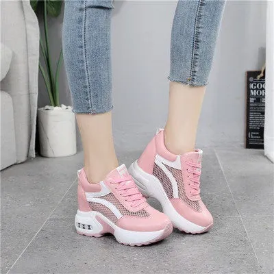 Women's wedge platform height increasing shoes with PU upper, round toe, 6-8cm heel, available in white, black and pink