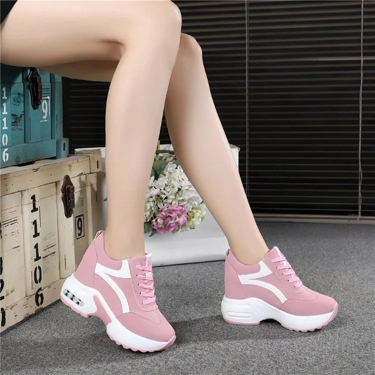 Women's wedge platform height increasing shoes with PU upper, round toe, 6-8cm heel, available in white, black and pink