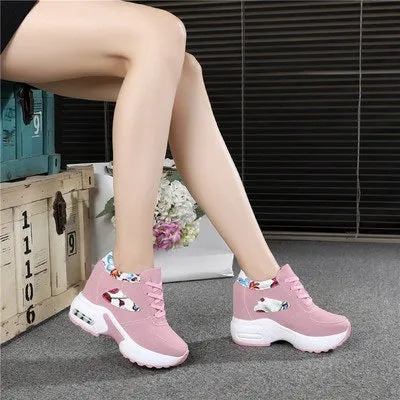 Women's wedge platform height increasing shoes with PU upper, round toe, 6-8cm heel, available in white, black and pink