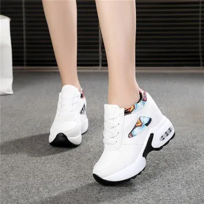 Women's wedge platform height increasing shoes with PU upper, round toe, 6-8cm heel, available in white, black and pink