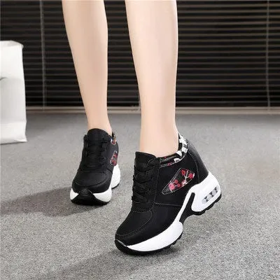 Women's wedge platform height increasing shoes with PU upper, round toe, 6-8cm heel, available in white, black and pink