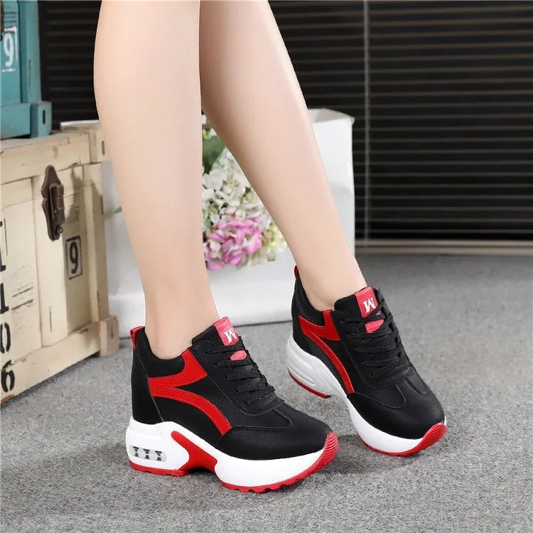 Women's wedge platform height increasing shoes with PU upper, round toe, 6-8cm heel, available in white, black and pink