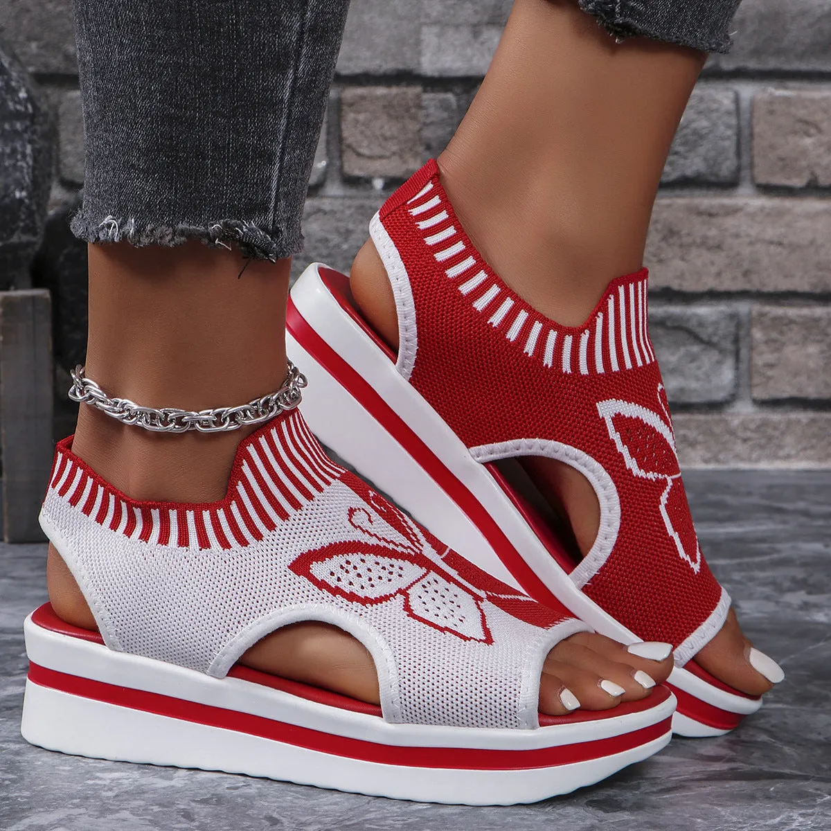 Summer butterfly print sports sandals for women with fabric upper and rubber sole in blue