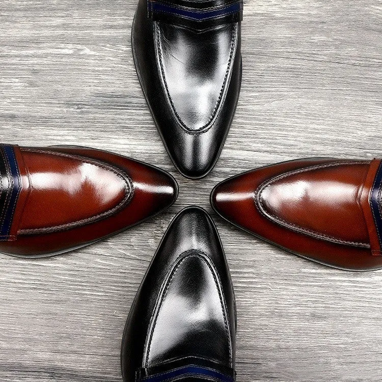 Shallow mouth men's genuine cowhide leather shoes with low heel and rubber sole in black