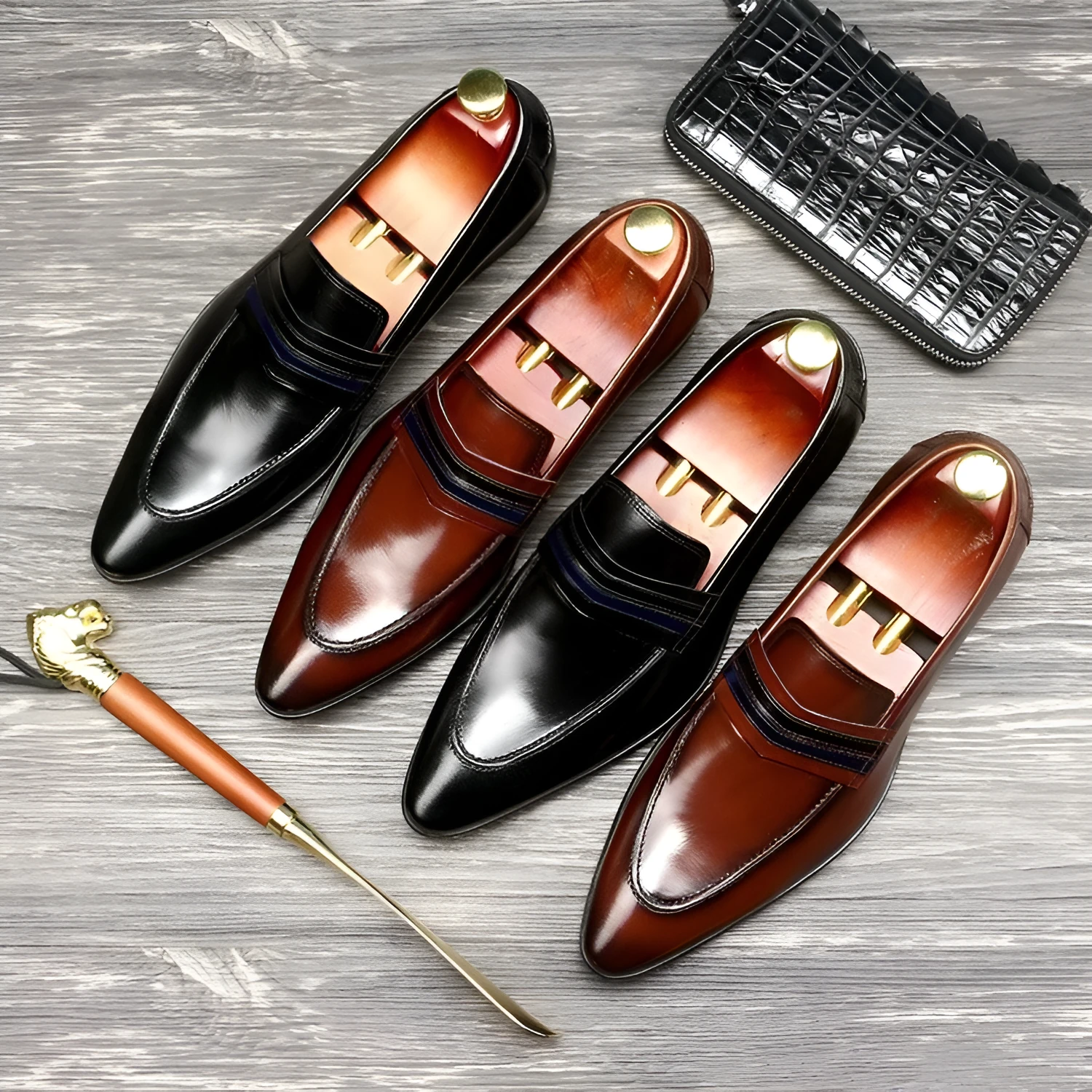 Shallow mouth men's genuine cowhide leather shoes with low heel and rubber sole in black