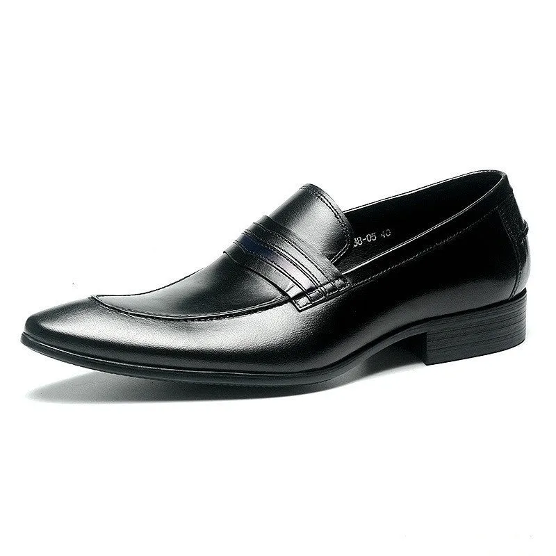 Shallow mouth men's genuine cowhide leather shoes with low heel and rubber sole in black