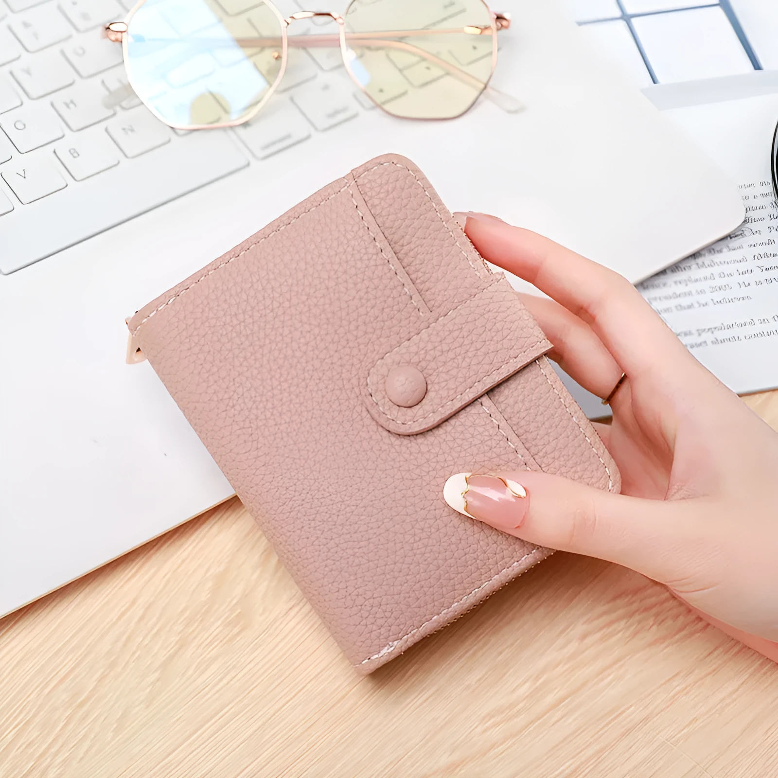 Ladies' short wallet with lychee pattern in pu leather, two-fold compact design