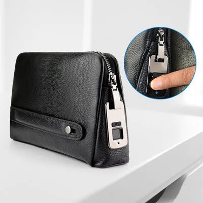 Black men's fingerprint lock wallet in head layer cowhide with zipper closure and USB charging port