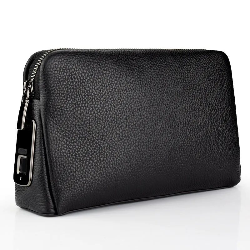 Black men's fingerprint lock wallet in head layer cowhide with zipper closure and USB charging port
