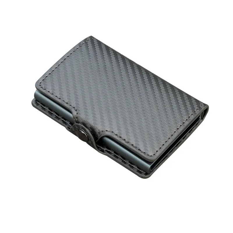 RFID anti-scanning zipper card holder in carbon fibre with plaid pattern and leather trim, showing multiple compartments