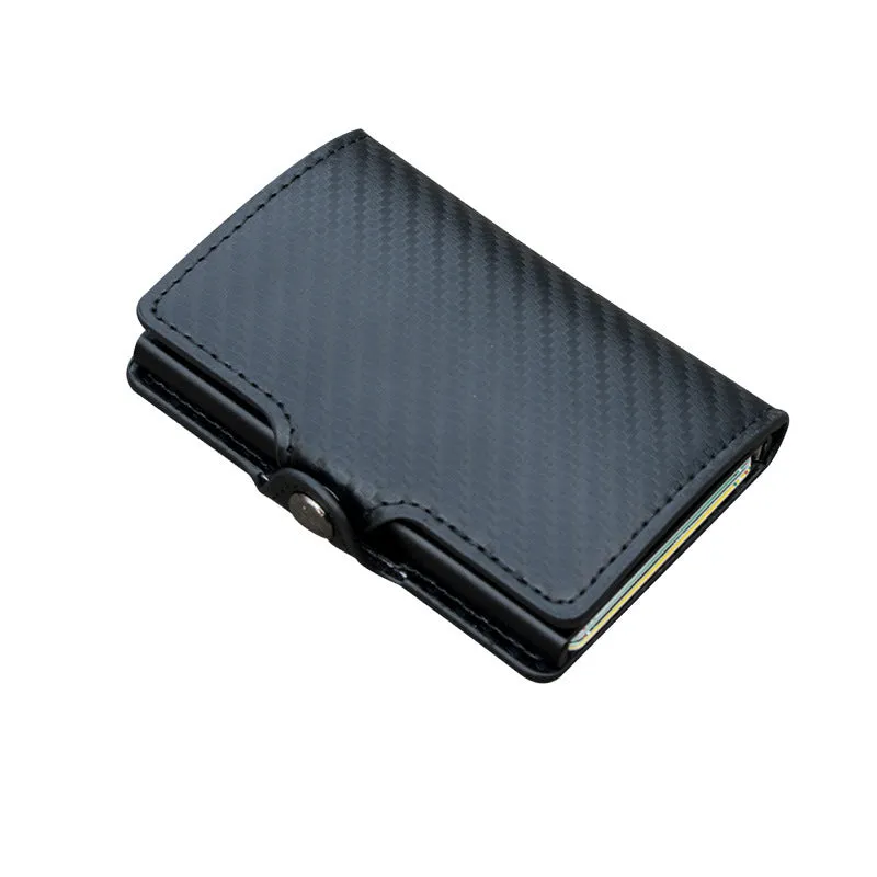 RFID anti-scanning zipper card holder in carbon fibre with plaid pattern and leather trim, showing multiple compartments