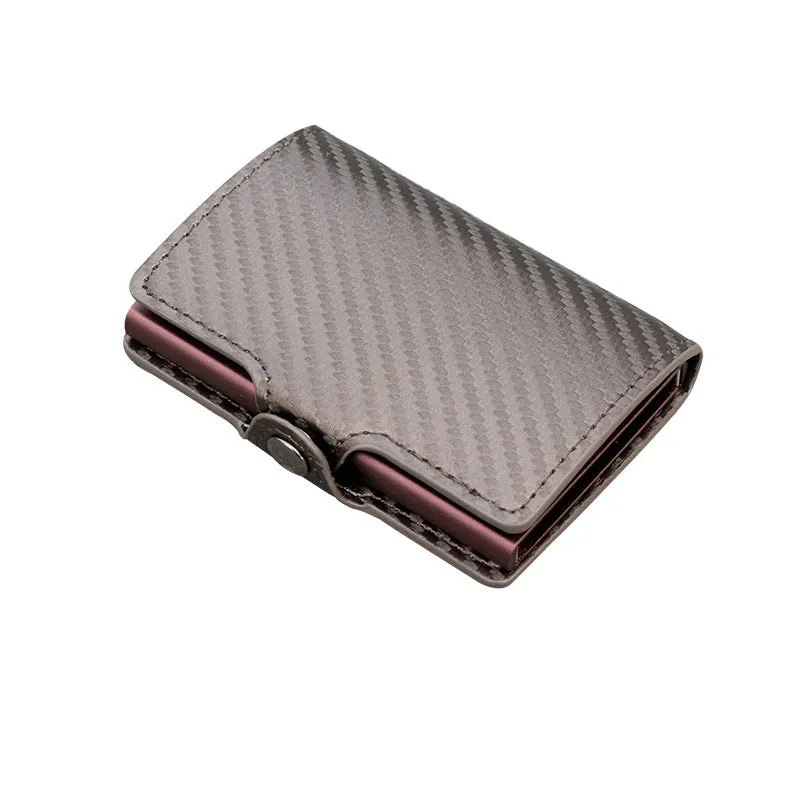 RFID anti-scanning zipper card holder in carbon fibre with plaid pattern and leather trim, showing multiple compartments