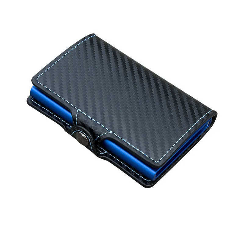RFID anti-scanning zipper card holder in carbon fibre with plaid pattern and leather trim, showing multiple compartments