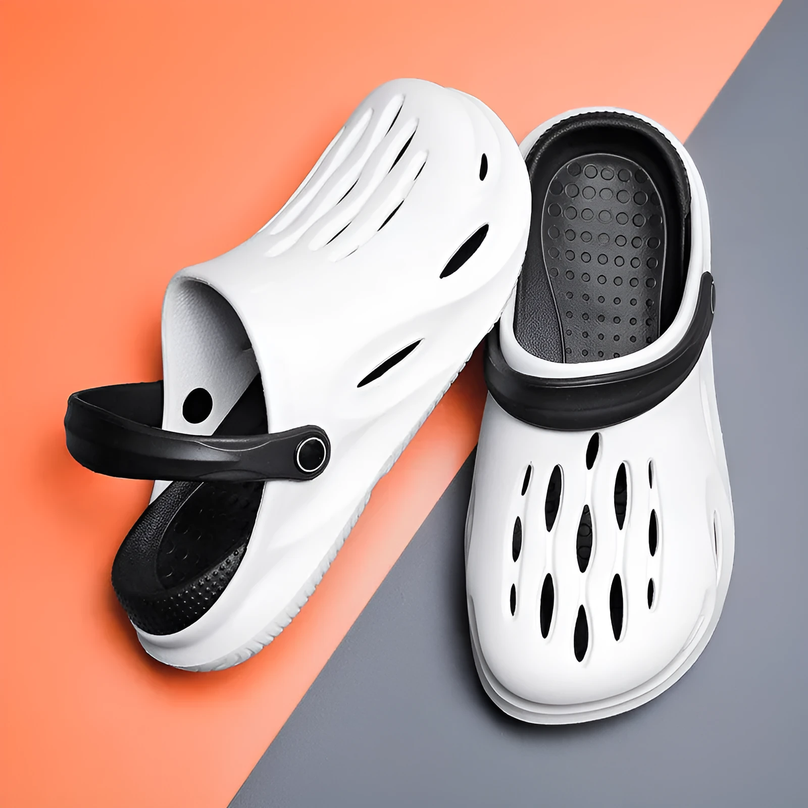 Men's beach sandals with soft-soled toe, artificial PU upper, rubber sole, back tie closure, black colour