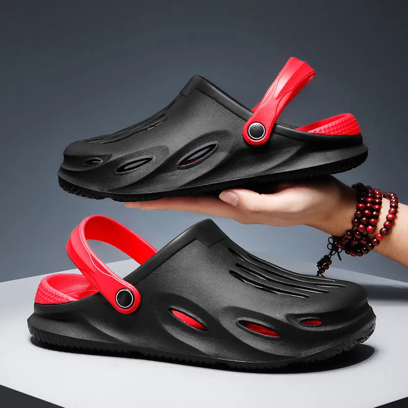 Men's beach sandals with soft-soled toe, artificial PU upper, rubber sole, back tie closure, black colour