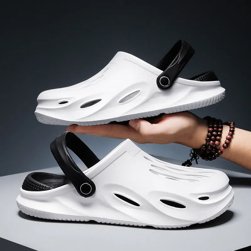 Men's beach sandals with soft-soled toe, artificial PU upper, rubber sole, back tie closure, black colour