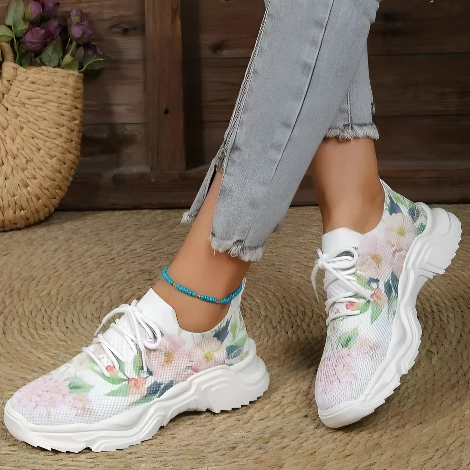 Flyknit casual slip-on running shoes with 3D printed flower design in multiple colours